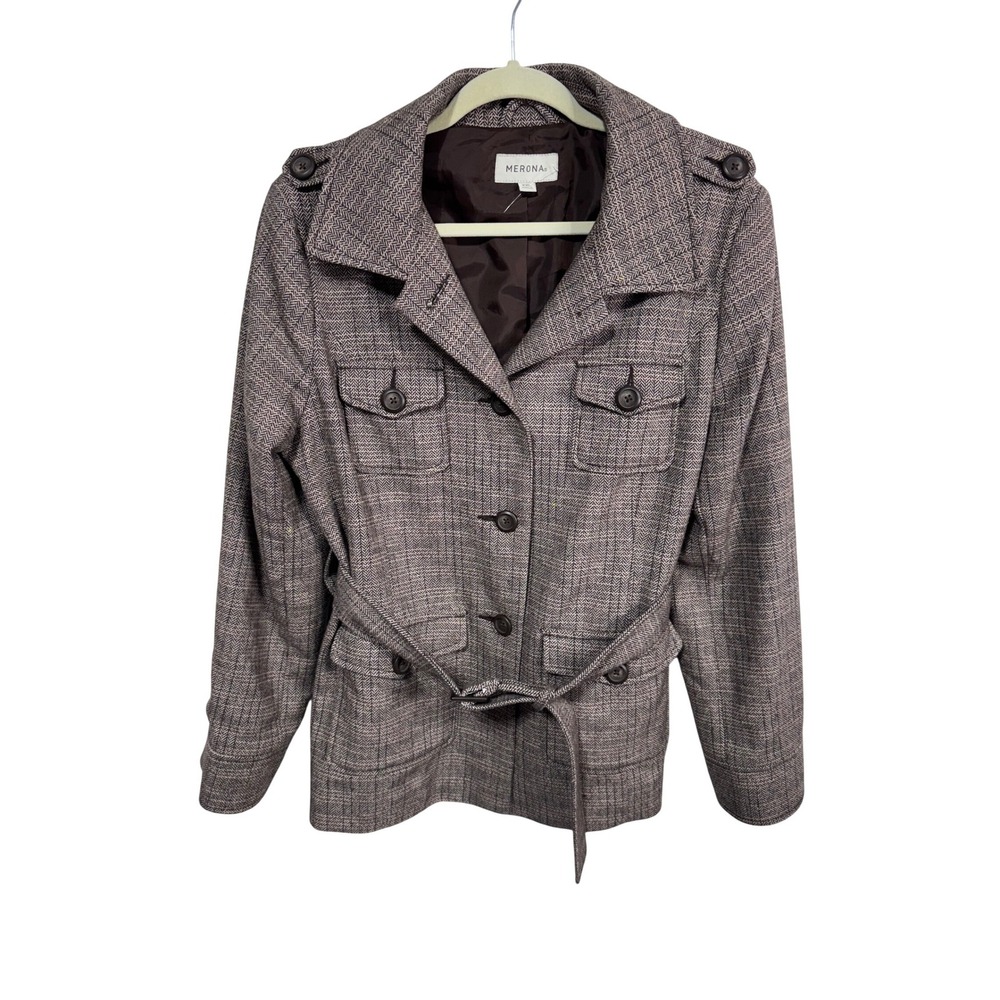 Merona Herringbone Belted Military Jacket Wool Blend Brown Women's XXL